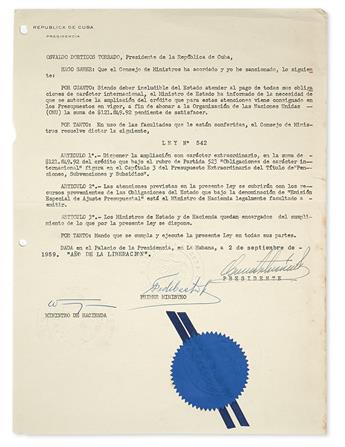 CASTRO, FIDEL. Two Typed Documents Signed, as Prime Minister, each promulgating a law, in Spanish.
